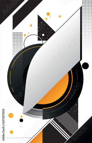 Vector abstract vertical composition of geometric shapes in black, white, gray and yellow colors.