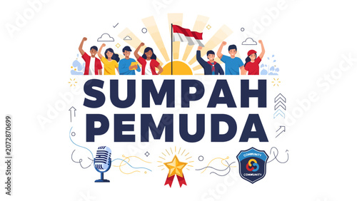 Foto Youth Pledge Celebration: A vibrant illustration depicts a jubilant crowd raising their fists and a flag, celebrating a significant national event