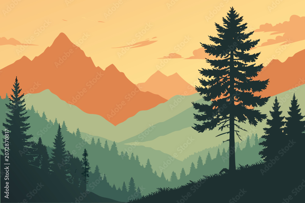 Fototapeta premium landscape vector design with river, cloud, pine trees and lake 