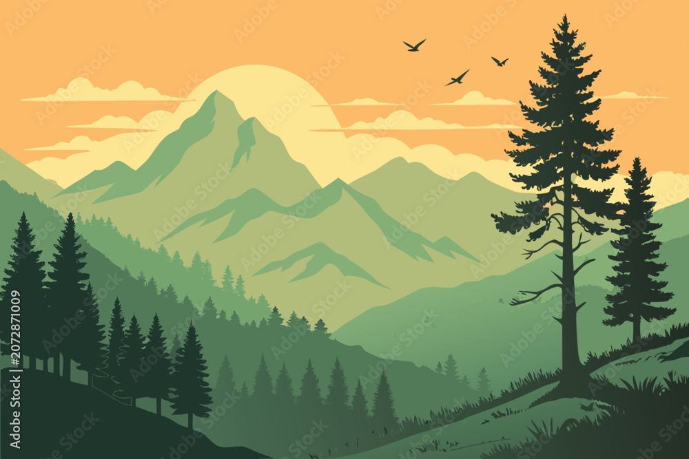 Fototapeta premium landscape vector design with river, cloud, pine trees and lake 