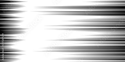 Abstract black speed lines on white background. Horizontal fast motion comic effect element for manga, anime, sport banner, action presentation, and dynamic design.