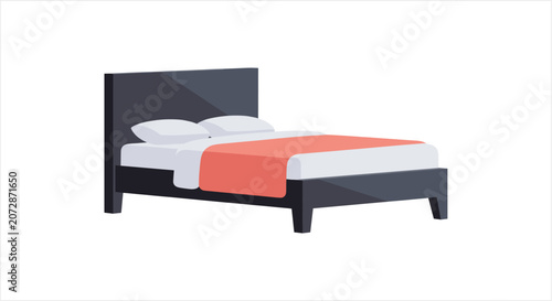 Fotografie Modern Black Bed with Orange Blanket and White Pillows.
