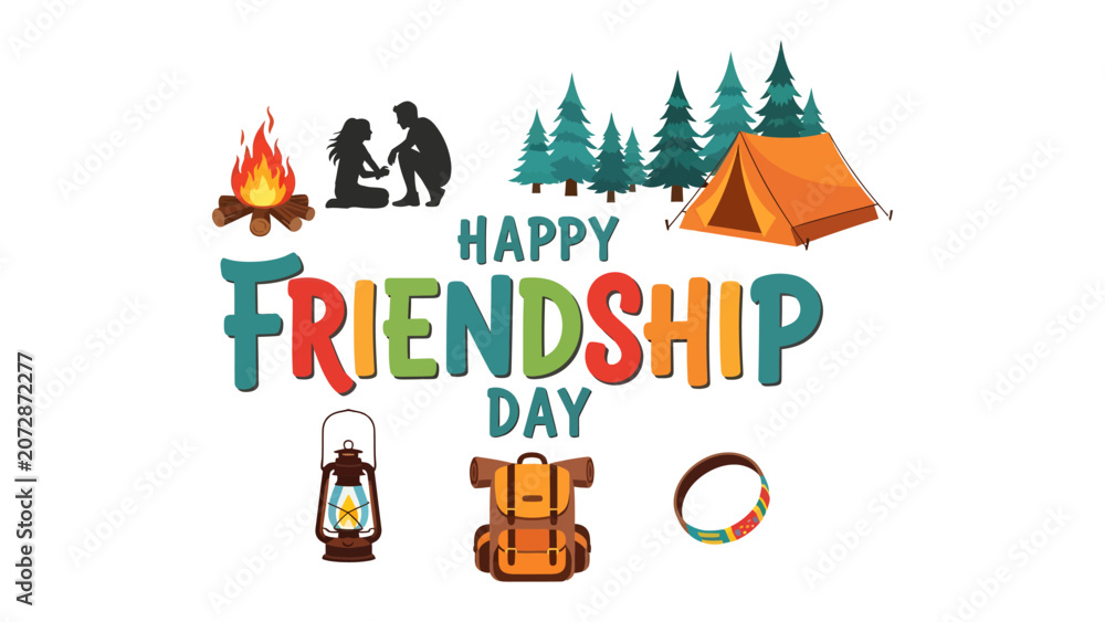 Obraz premium Happy Friendship Day Camping Celebration: A vibrant illustration celebrates Friendship Day with camping imagery, featuring a tent, campfire, backpack, lantern.