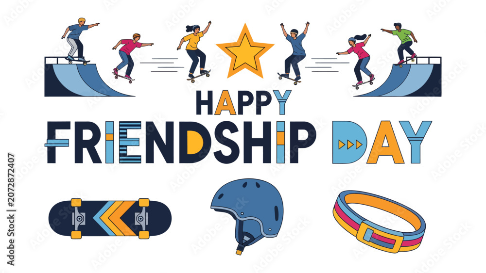 Fototapeta premium Happy Friendship Day with Skateboarding Fun: A vibrant illustration celebrating Friendship Day with a group of friends skateboarding and enjoying outdoor activities, symbolizing joy, togetherness.