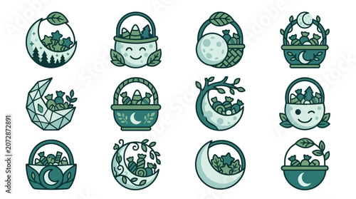Tableau sur toile Illustrations of mystical moonlit terrariums with plants and decorative elements
