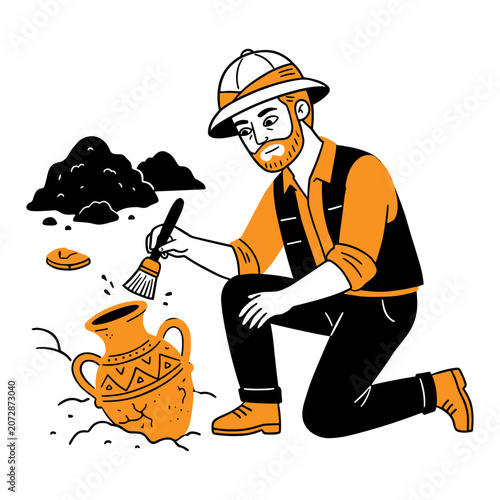 Archaeologist excavating ancient pottery illustration