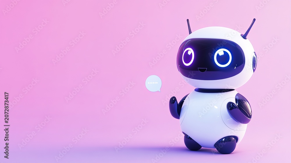 Fototapeta premium Small cute white robot with glowing blue eyes and a speech bubble stands against a soft bright pink studio background