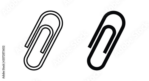 Set of two paper clip icons, thin line and bold style, office stationery symbols for document attachment, simple vector illustrations isolated on white background