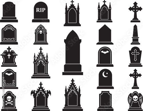 Premium Halloween Tombstone Collection Featuring Classic Gothic Rounded And Decorative Grave Marker Silhouettes