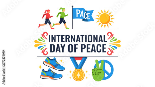 Foto International Day of Peace Celebration: A vibrant illustration depicts runners striving for peace with a flag labeled 'Pace', a golden medal symbolizing achievement