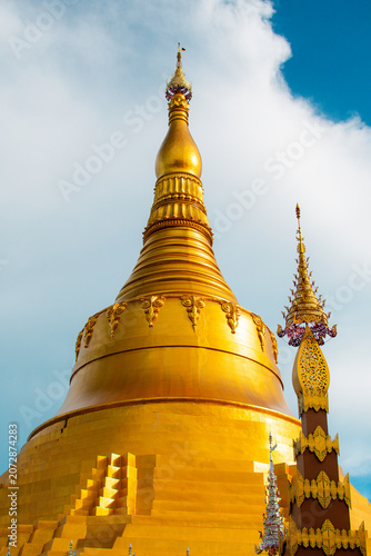 At Wat Phra That Pha Sorn Kaew, Khao Kho, Phetchabun, Thailand, the golden Shwedagon-style pagoda is located.