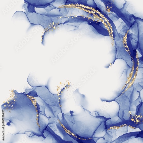 Handmade blue alcohol ink abstract background with flowing translucent forms and shimmering gold accents. Elegant contemporary composition with luxurious fluid textures and ample copy space