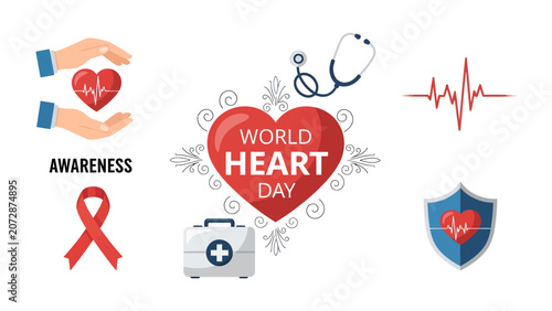 Bild auf Leinwand World Heart Day Awareness: A compilation of icons and symbols representing heart health awareness, including a heartbeat EKG, a red ribbon, a first aid kit, and hands cradling a heart