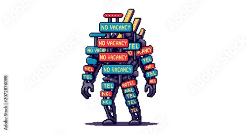 Fotografie Robot warrior covered in No Vacancy signs.