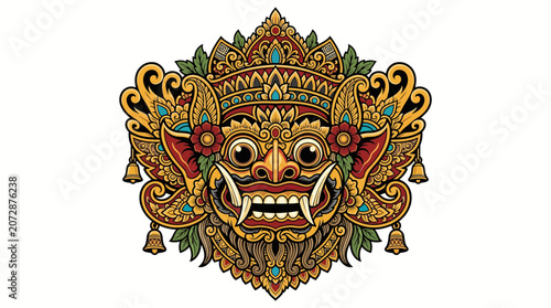 Ornate mask with fierce expression and intricate details.