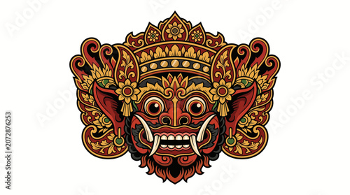 Ornate demonic mask with intricate details and vibrant colors.