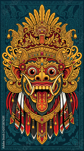 Ornate golden mask with fierce expression on dark background.