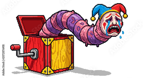Obraz na plátně Sad clown worm emerging from a jack in the box.