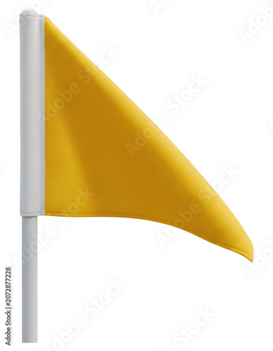 Triangular yellow golf flag on white pole isolated on transparent background