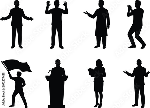 Obraz na plátně Silhouette set of public speakers politicians and business leaders gesturing iso