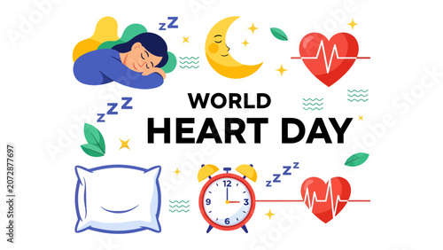 Obraz na plátně World Heart Day Illustration: A heartwarming illustration symbolizing World Heart Day, featuring a sleeping person, a crescent moon, an alarm clock, leaves, and a heart monitor
