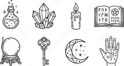 Photography Mystical symbols including crystal ball key moon and runes on white background w