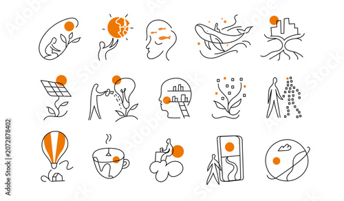 Minimalist abstract icon collection with one line drawings representing sustainability, renewable energy, digital growth, environmental awareness, creative lifestyle, remote work, innovation.