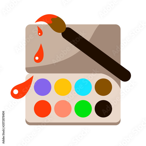 Watercolor paint palette with brush and colorful pigments. Artistic supplies icon for painting, creativity, art education, design studio, hobby, craft workshop and creative projects.
