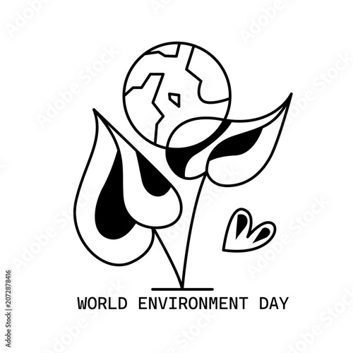 World Environment Day poster with hand drawn earth and leaves in minimalist doodle style. Eco friendly illustration for environmental awareness campaign, sustainability concept, nature protection.