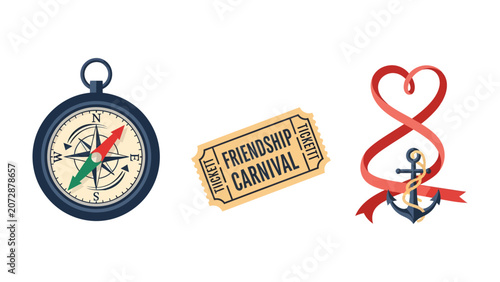 Vászonkép Nautical Symbols of Adventure and Connection: A compass for direction, a ticket to a friendship carnival, and an anchor entwined with a heart-shaped ribbon symbolize journey, camaraderie