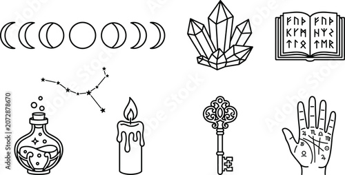 Photos Mystical symbols including moon phases crystals runes potions and a palmistry ha