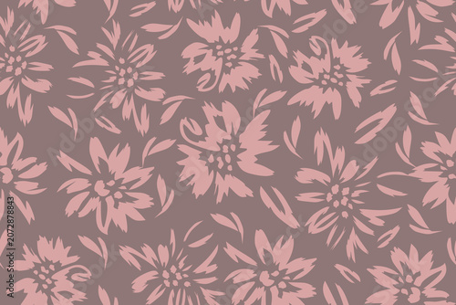 Elegant seamless floral pattern featuring soft pink abstract blossoms on a muted taupe background. A stylish botanical design perfect for fabric, wallpaper, wrapping paper, and textile projects.
