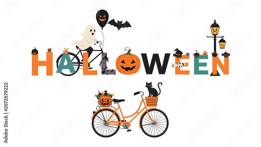 Naklejka premium Halloween Celebration: A whimsical arrangement featuring HALLOWEEN text adorned with playful characters, pumpkins, bats, and a ghost on a bicycle.