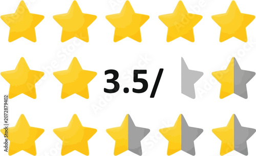 Bright yellow star rating vector graphic illustration showing three and a half stars for customer feedback