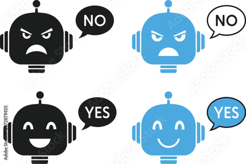 Flat vector illustration showing angry and happy robot heads with speech bubbles saying yes no