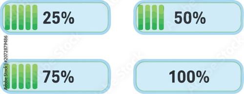Set of green progress bar vector graphic elements showing different completion percentages for interface design projects
