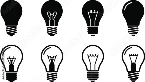 Collection of simple black and white vector light bulb icons for creative design project concepts