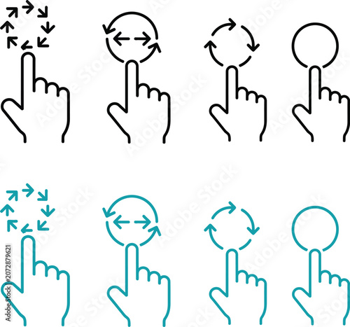 Minimalist vector illustration showing various hand gesture icons for touch screen interface mobile device navigation