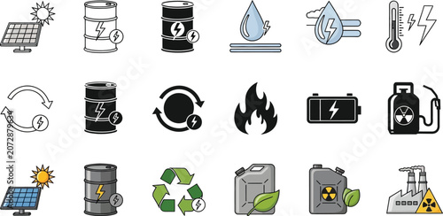 Flat vector illustration set showing various energy sources and power generation icons for industrial design projects