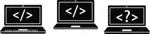 Black and white vector graphic illustration showing three laptops with programming code symbols on screens