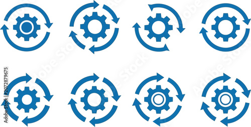 Set of blue gear icons with circular arrows representing industrial process optimization in vector graphic design