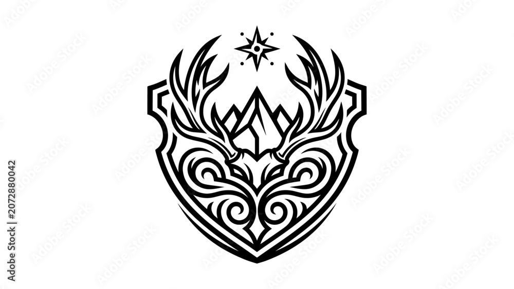 Fototapeta premium Deer antler shield vector emblem with mountain peaks and compass star for outdoor adventure logo design