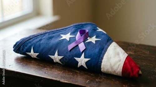 American patriotic pillow with purple ribbon.