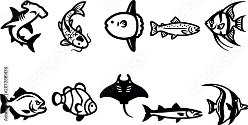 Foto Vector linocut style fish illustration set featuring black silhouette marine cre