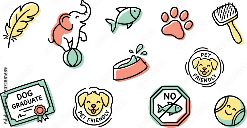 Fototapeta premium Vector cute cartoon pet care icon set with colorful shapes featuring dog training elements friendly puppies certificate bowl and toys