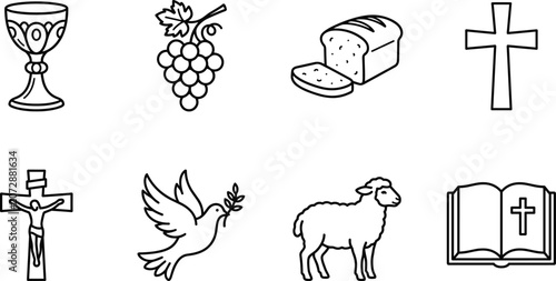 Cuadro en lienzo Religious Symbols icons chalice grapes bread cross crucifix dove lamb open book