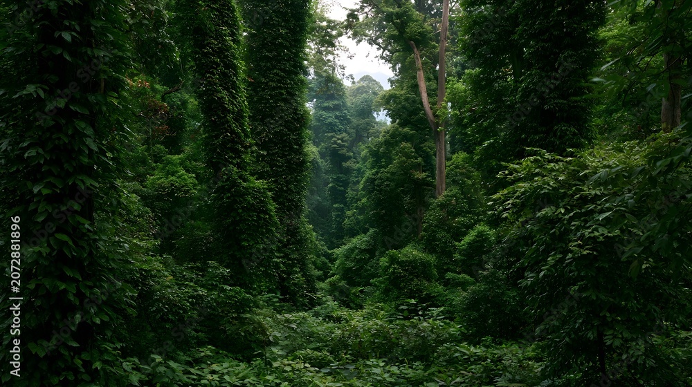 Naklejka premium A lush and flourishing rainforest scene is captured with intricate vines draping through the dense verdant foliage