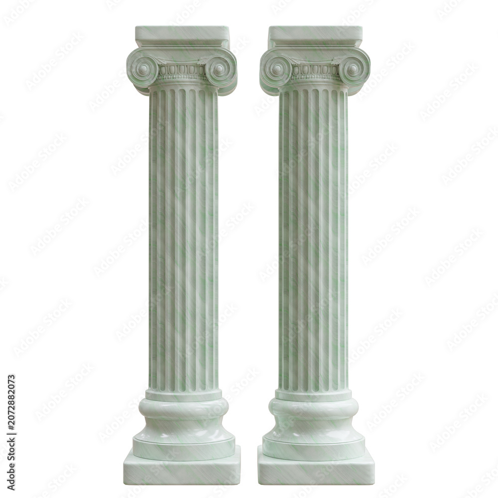 Naklejka premium A pair of pale marble Ionic columns with fluted shafts and subtle green veining, isolated on white transparent
