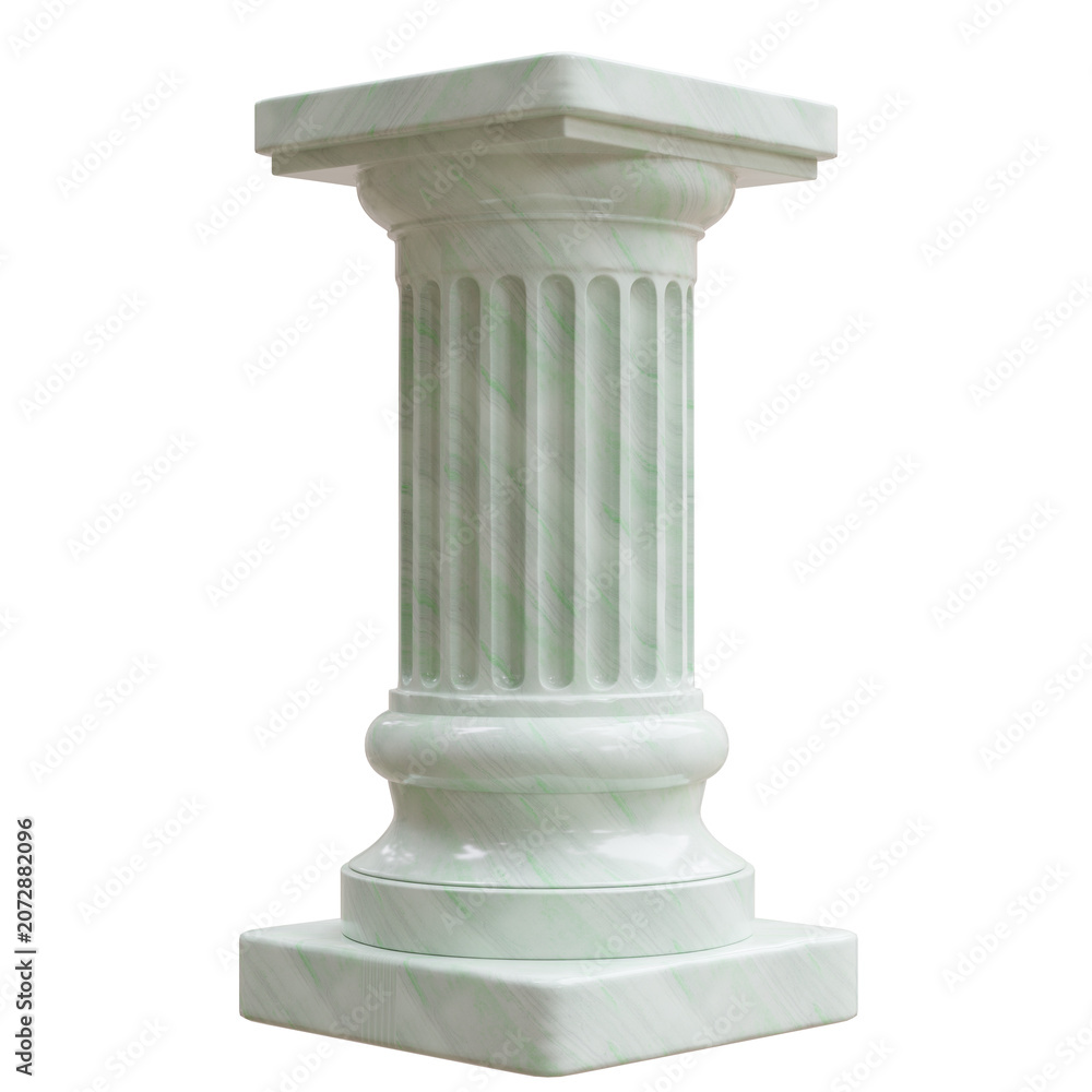 Naklejka premium Fluted white marble pedestal column with a square plinth, rounded base, and subtle green veining, isolated on white transparent