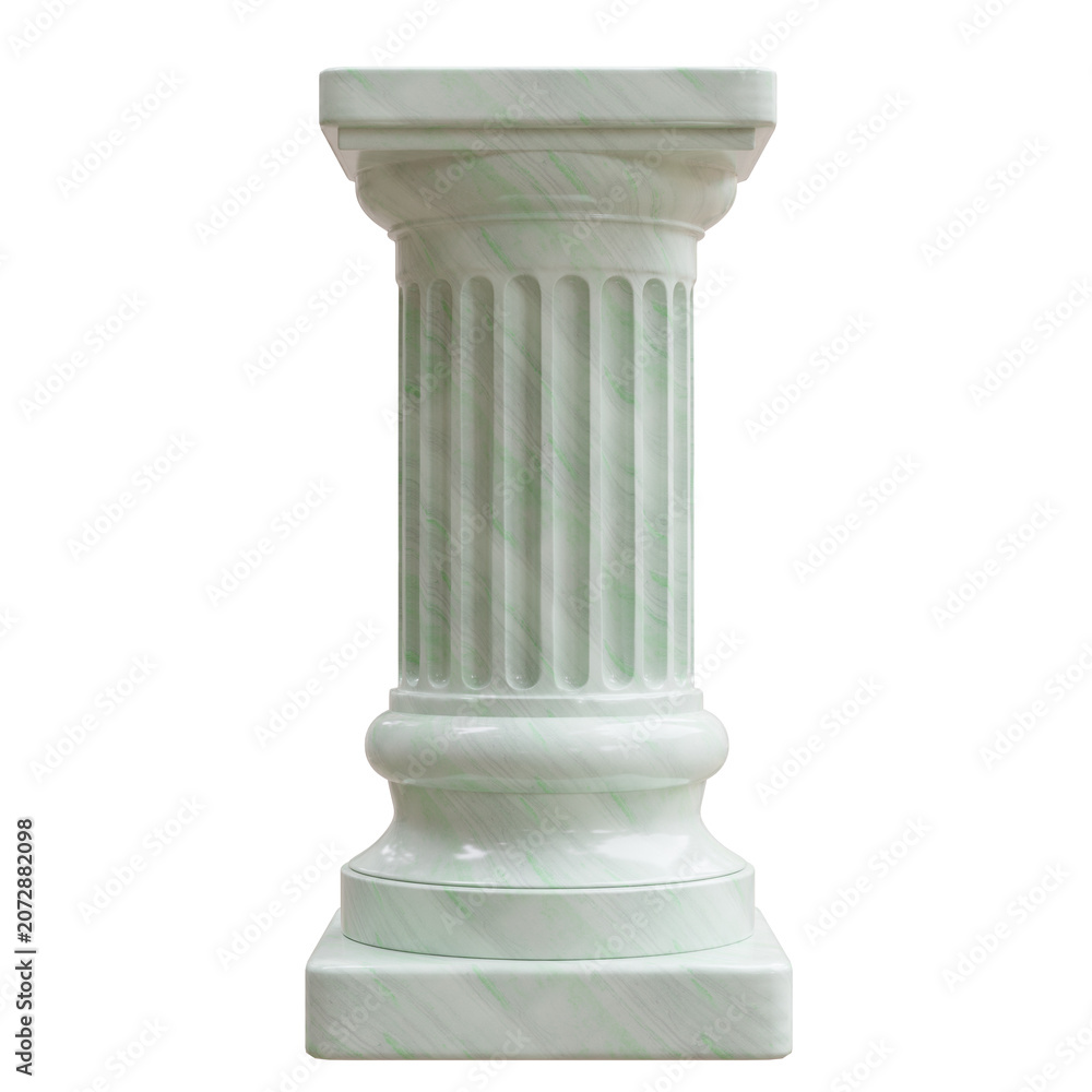 Naklejka premium Fluted marble column pedestal with green veining and a square plinth, isolated on white transparent for classical architecture design